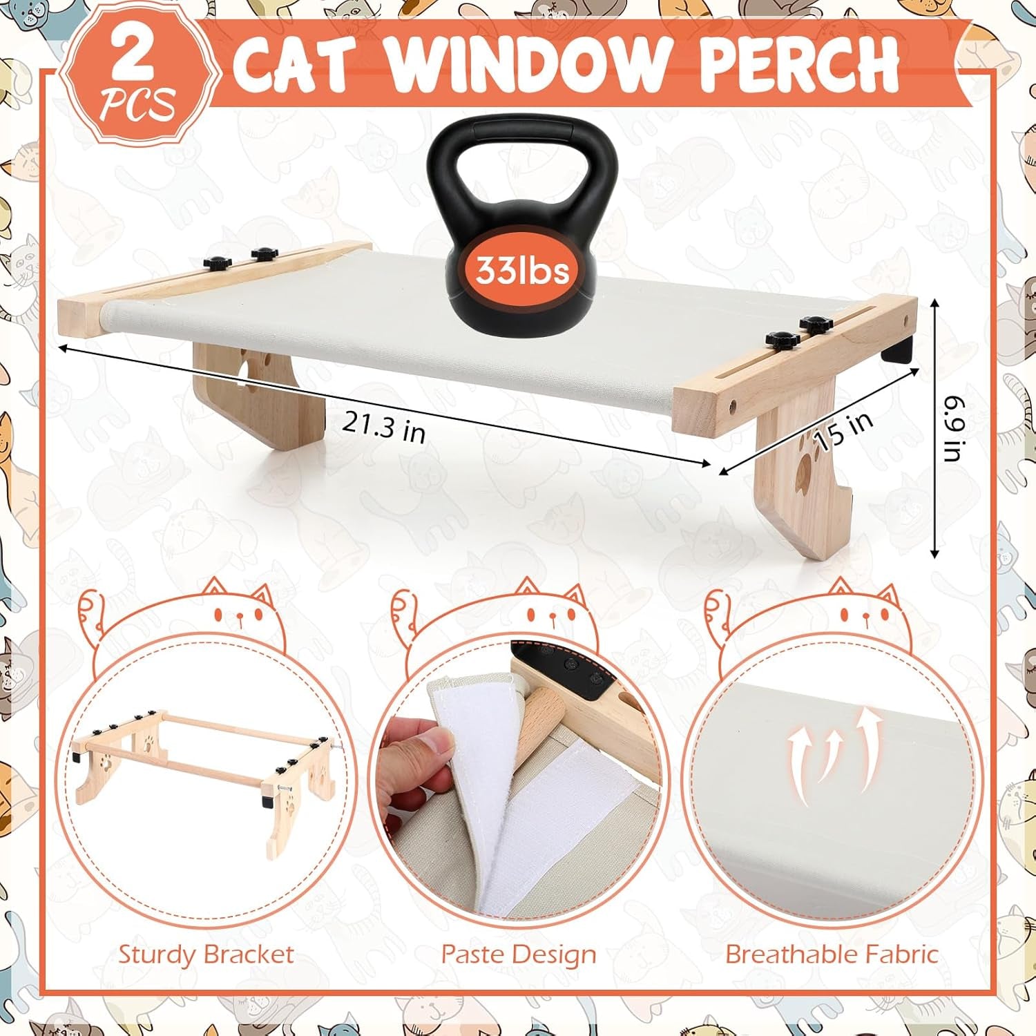 2 Set Cat Window Sill Perch Adjustable Wood Small Cat Window Hammock Window Seat Cat Bed Windowsill Cat Shelf Indoor Kitty Cat Window Ledge Seat for Bedside Cabinet, Heavy Duty 33 Lbs (Gray)