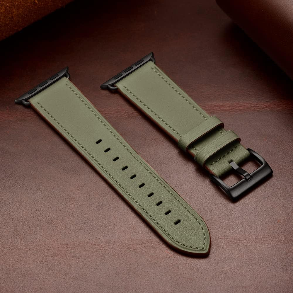 Compatible with Apple Watch Band 41Mm 40Mm 38Mm, Genuine Leather Band Replacement Strap Compatible with Apple Watch Series 9/8/7/6/5/4/3/2/1/SE2/SE, Army Green Band with Black Adapter