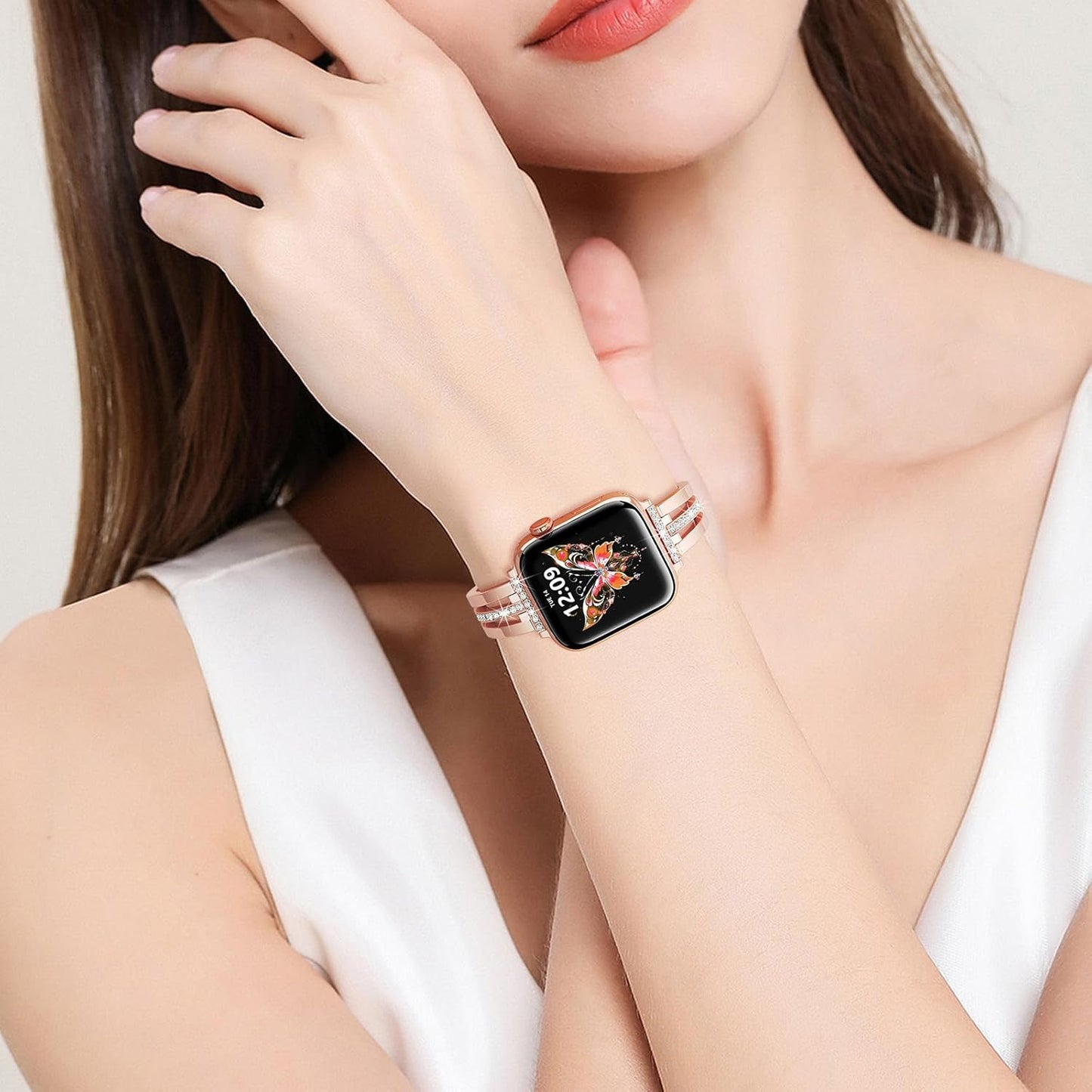 Compatible for Apple Watch Band 38Mm 40Mm 41Mm 42Mm 44Mm 45Mm 46Mm 49Mm Series 10 9 8 7 SE Ultra Women, Slim Metal Dressy Jewelry Bracelet with Bling Diamond for Iwatch Series 6/5/4/3/2/1