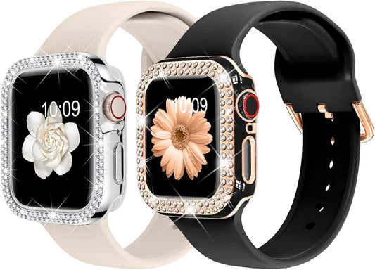 Compatible for Apple Watch Bands 44Mm with Bumper, Bling Glitter Women Silicone Soft Comfortable Strap for Iwatch SE Ultra Series 10 9 8 7 6 5 4 3 2 1