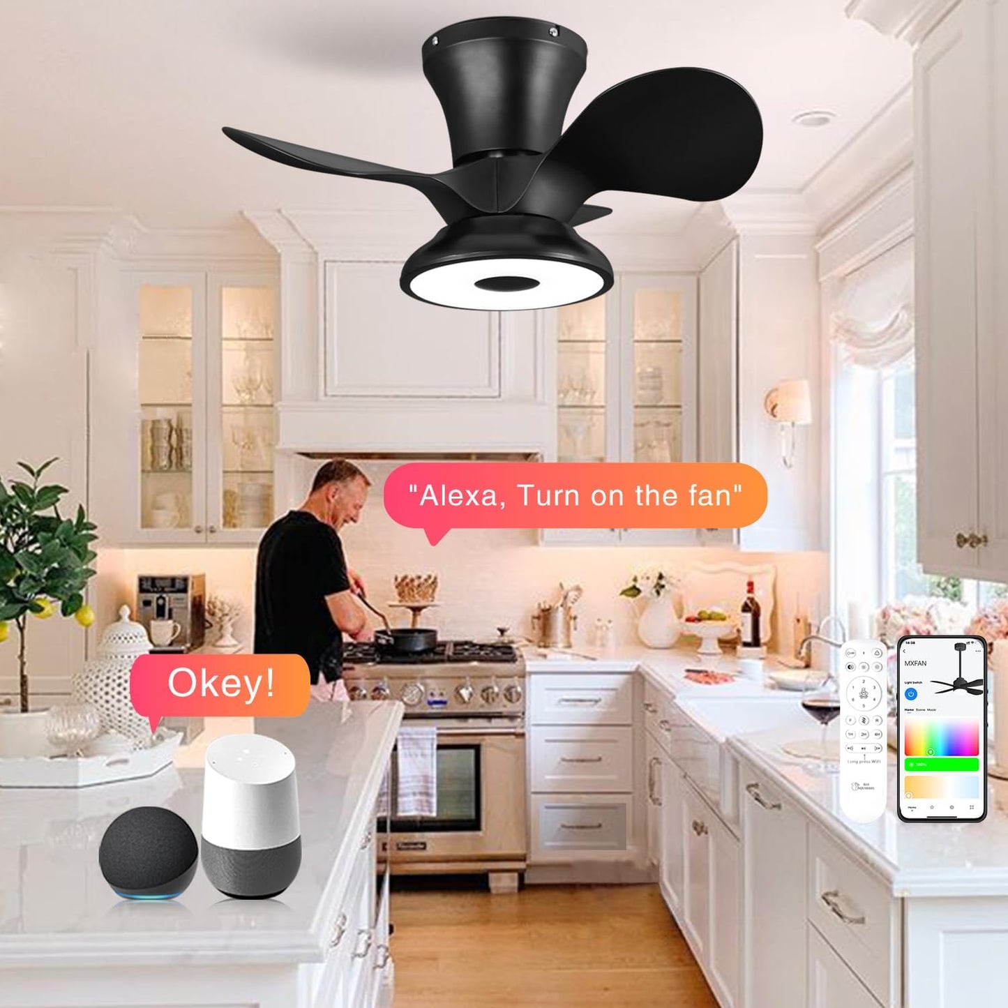Smart Wifi Flush Mount Ceiling Fan with Lights,Bluetooth Ceiling Fan with Speaker and Remote/App/Alexa Control,Dimmable RGB Light,Low Profile 6 Speeds Reversible Blades for Bedroom Kitchen Living Room