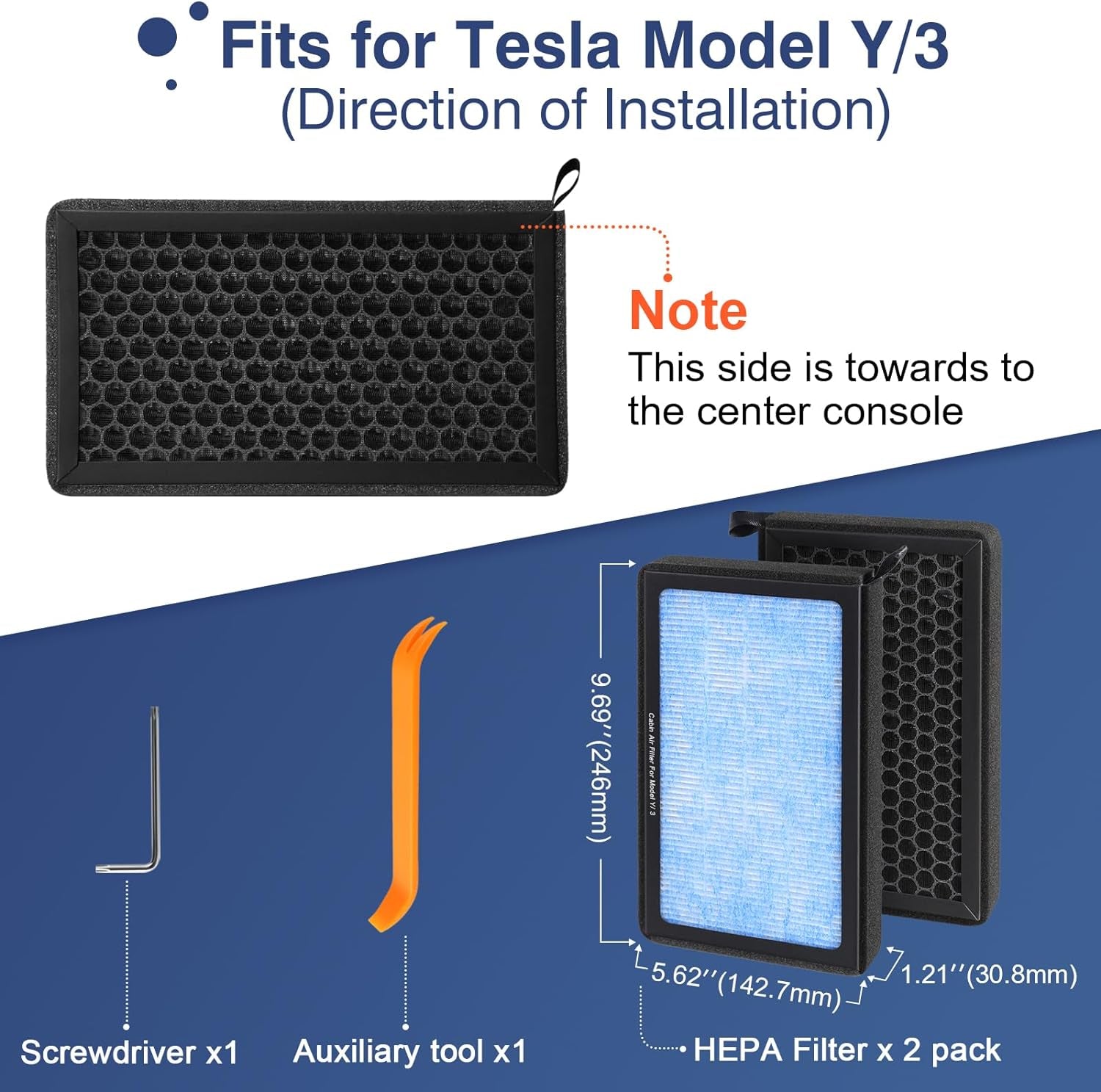 Tesla Model 3 Air Filter Model Y Cabin Air Filter HEPA with Activated Carbon, Tesla Filter Replacement Kit Tesla Accessories 2016-2024, 2 Pack