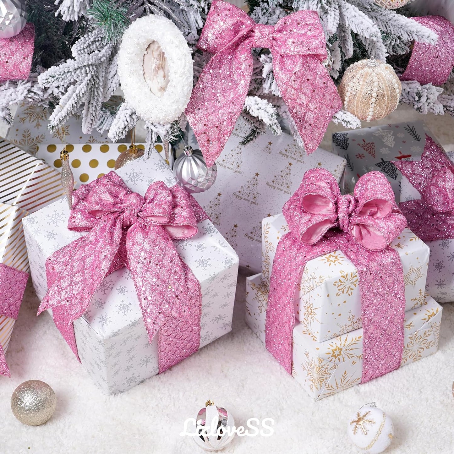 Pink Christmas Ribbon 2.5" Glitter Mesh Wired Ribbon for Christmas Tree Pink Diamond Honeycomb Ribbon for Gift Wrapping, Crafts, Wreath Supplies, Garland, Tree Topper Bows - 10 Yards