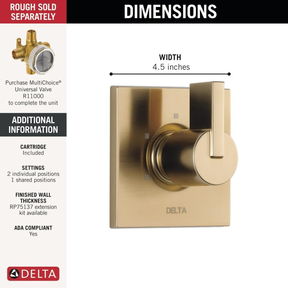 Faucet Vero 3-Setting Shower Handle Diverter Trim Kit, Diverter Valve Trim Kit Gold, 3 Way Shower Diverter,  Diverter Trim, Champagne Bronze T11853-CZ (Valve Not Included)
