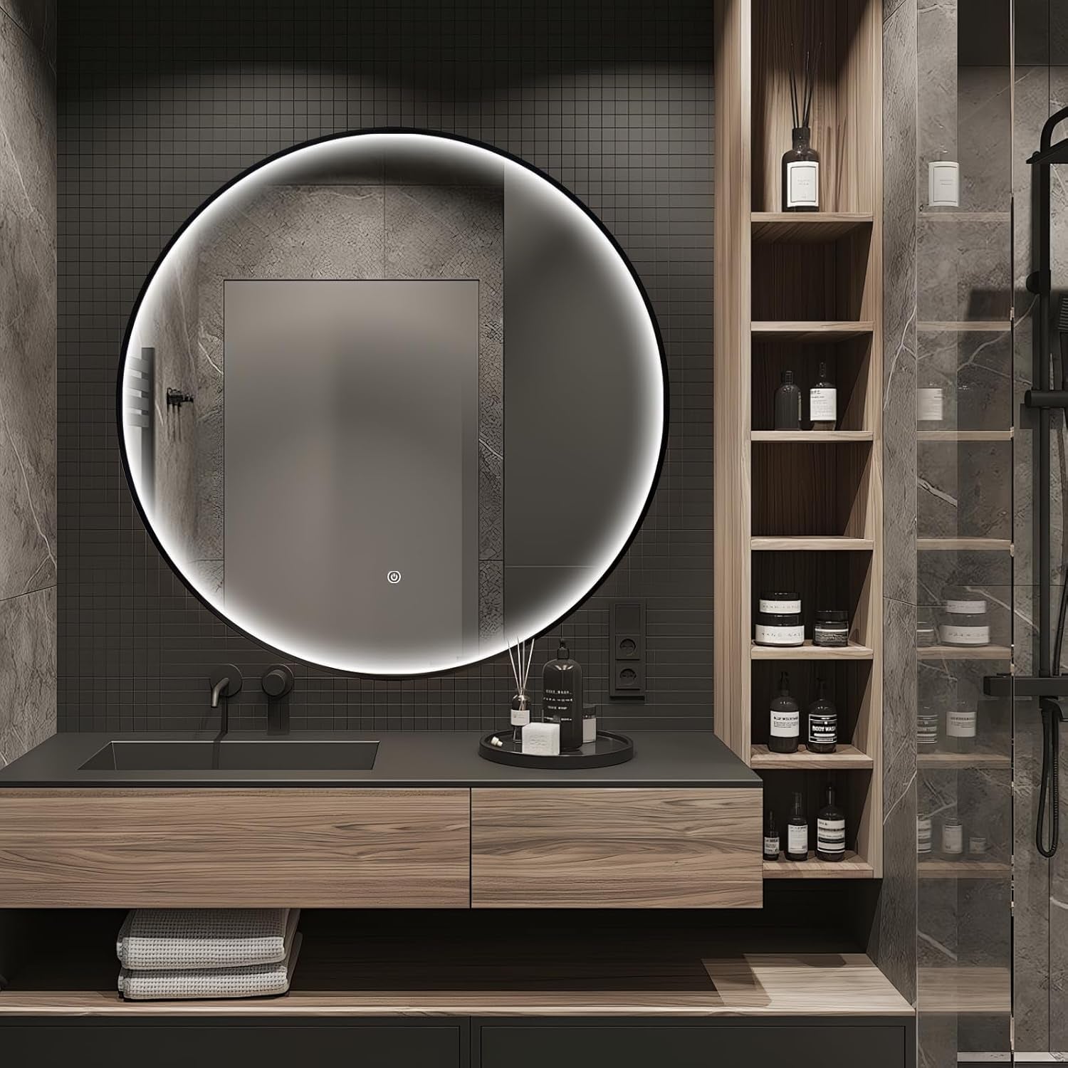 24 Inch round LED Bathroom Mirror, Circle Frame Recessed Light Strip Design Modern Vanity Mirror, Anti-Fog Smart Mirror with Stepless Color Temperature Adjustable 3000-6000K, Black