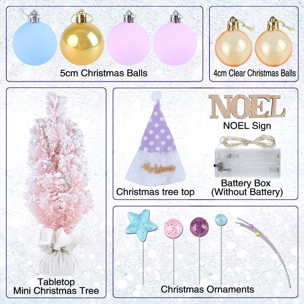 Mini Christmas Tree, 22 Inch Artificial Flocked Tabletop Xmas Trees with Noel Sign Christmas Ball Ornament and Treetop Decor for Home Office Desk Holiday Party Indoor Decoration- Light Pink