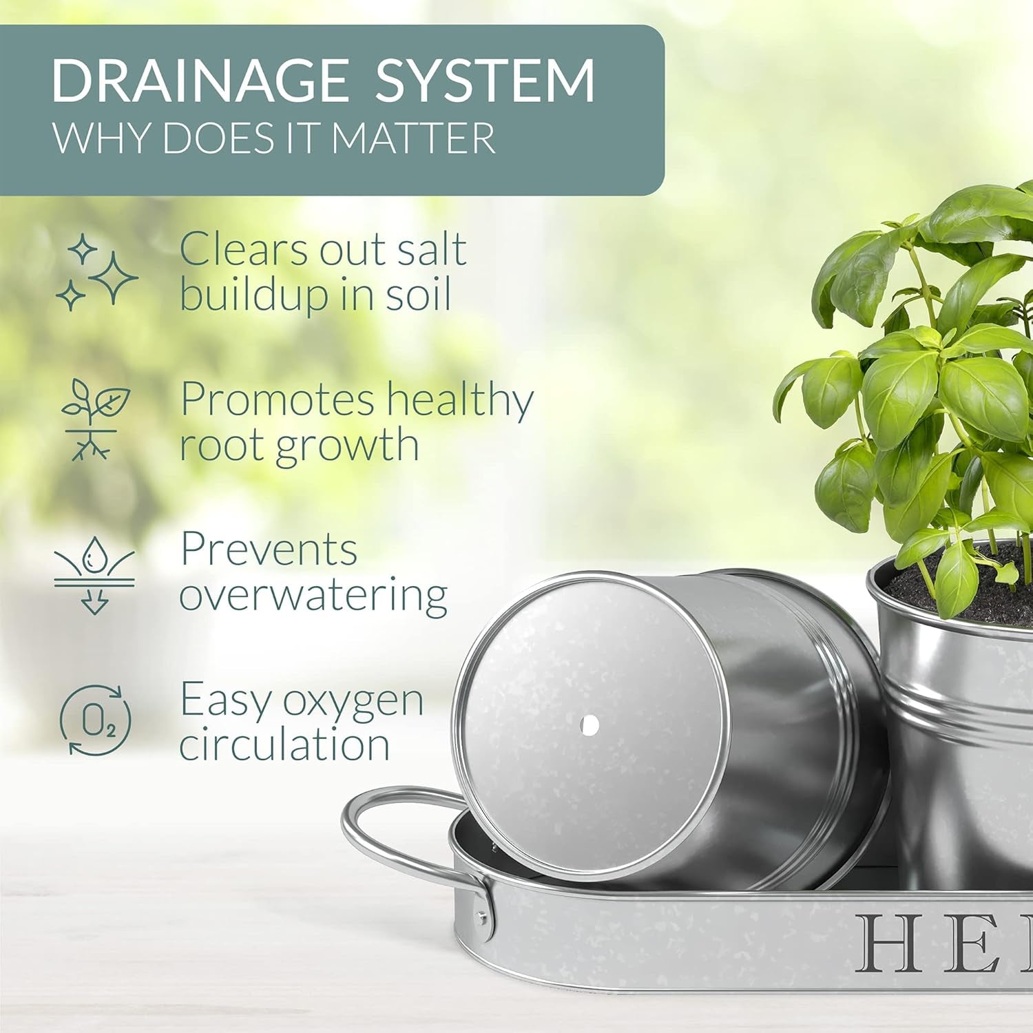 Indoor Herb Garden Planter Set with Tray, Metal Windowsill Plant Pots with Drainage for Outdoor or Indoor Plants, Set/3 (Galvanized)