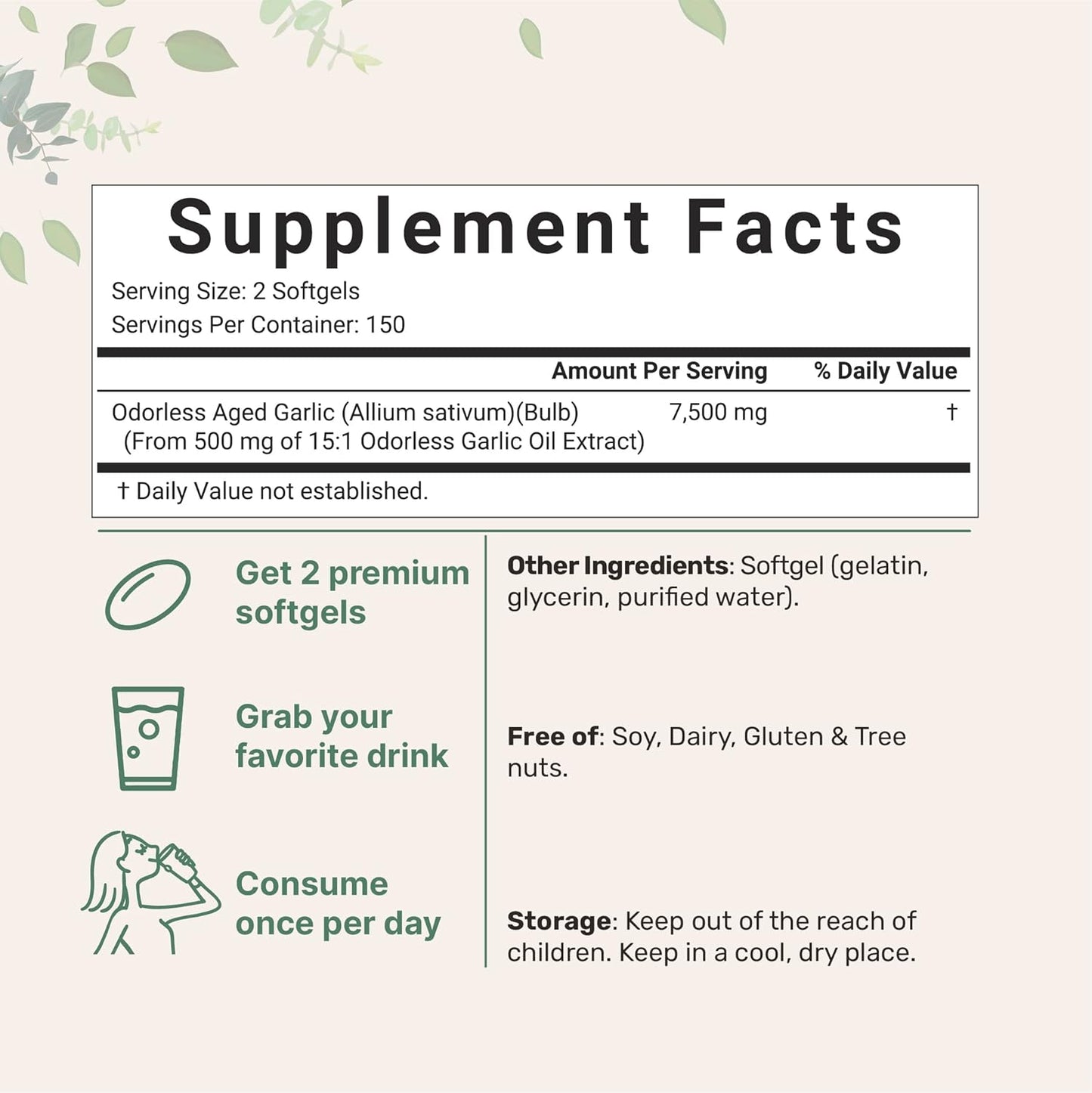 Odorless Garlic 7500Mg per Servings, 300 Softgels | 2 Years Aged Garlic Extract, Grown Allium Sativum Bulb | Potent Antioxidant Supplement, Immune Support, and Heart Health TLBH