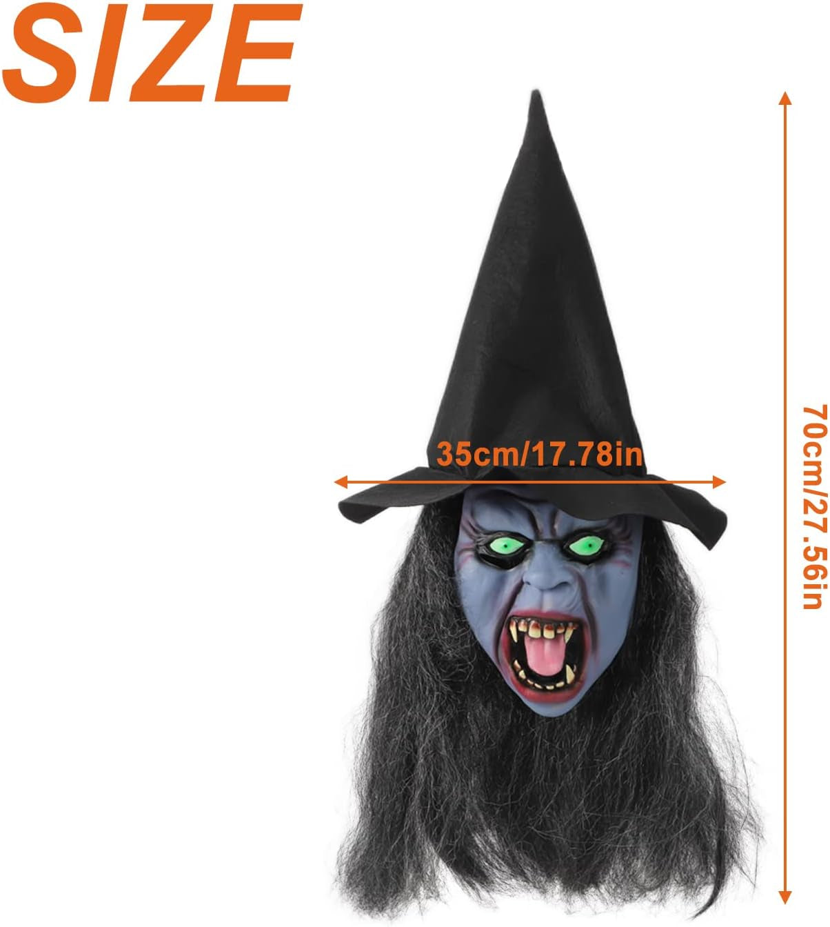 Witch Halloween Mask Latex Witch Mask with Black Hair and Hat, Scary Horror Cosplay Costume Masks Old Witch Dress up for Men Women Party Decoration Props