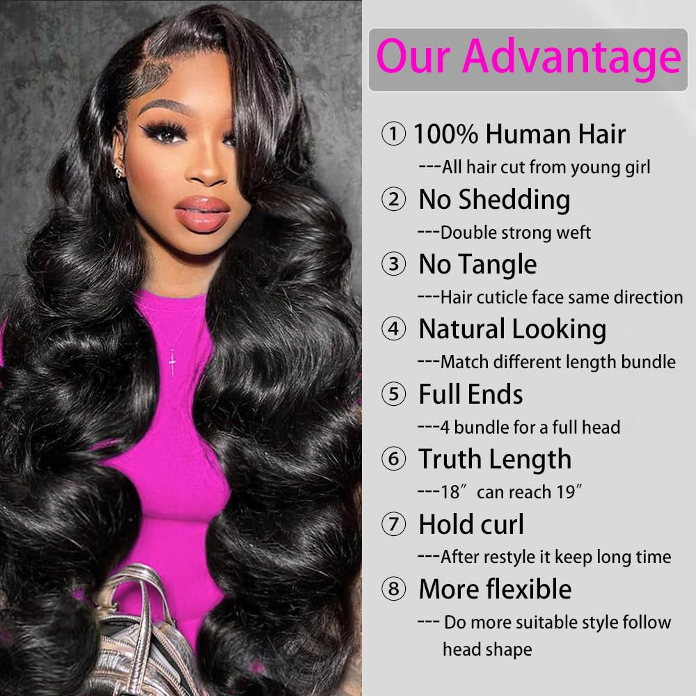 12A Body Wave Bundles Human Hair 16 18 20 22 4 Bundles Human Hair 100% Brazilian Human Hair Bundles Weave Bundles Deals Real Human Hair Natural Black Color for Women