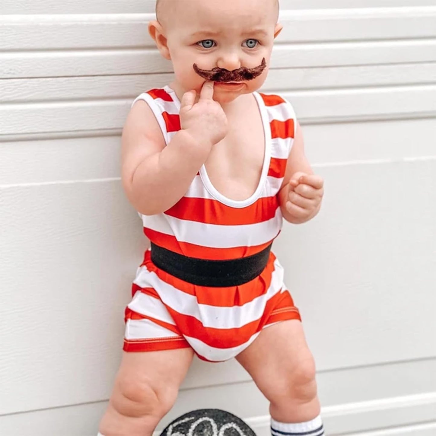 Strong Man Toddler Costume, Red Stripes Sleeveless U Neck Romper Short Jumpsuit with Belt, Halloween Cosplay Costume
