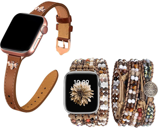 Elegant Slim Leather Bands Boho Beaded Watch Band Bundle Compatible with Apple Watch 38Mm 40Mm 41Mm 42Mm 44Mm 46Mm 45Mm 49Mm Women for Iwatch Series 10/9/8/7/6/5/4/3/2/1/Se/Ultra