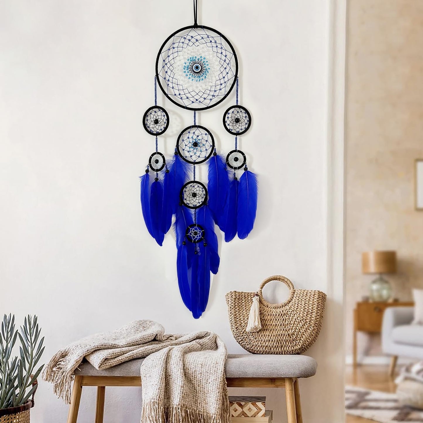 Blue Evil Eye Dream Catcher Wall Decor,  Dreamcatcher Hanging Pendant for Home Protection and Blessing Decor with a Car Accessories Evil Eye Charm Gift