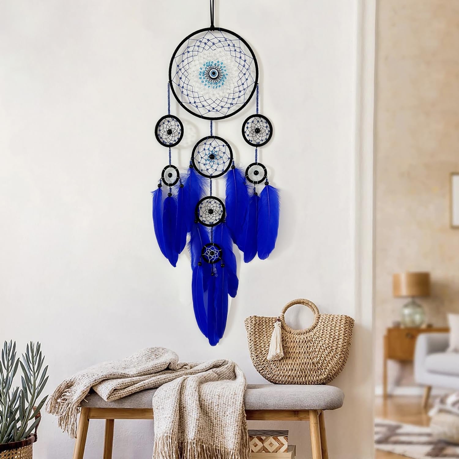 Blue Evil Eye Dream Catcher Wall Decor,  Dreamcatcher Hanging Pendant for Home Protection and Blessing Decor with a Car Accessories Evil Eye Charm Gift
