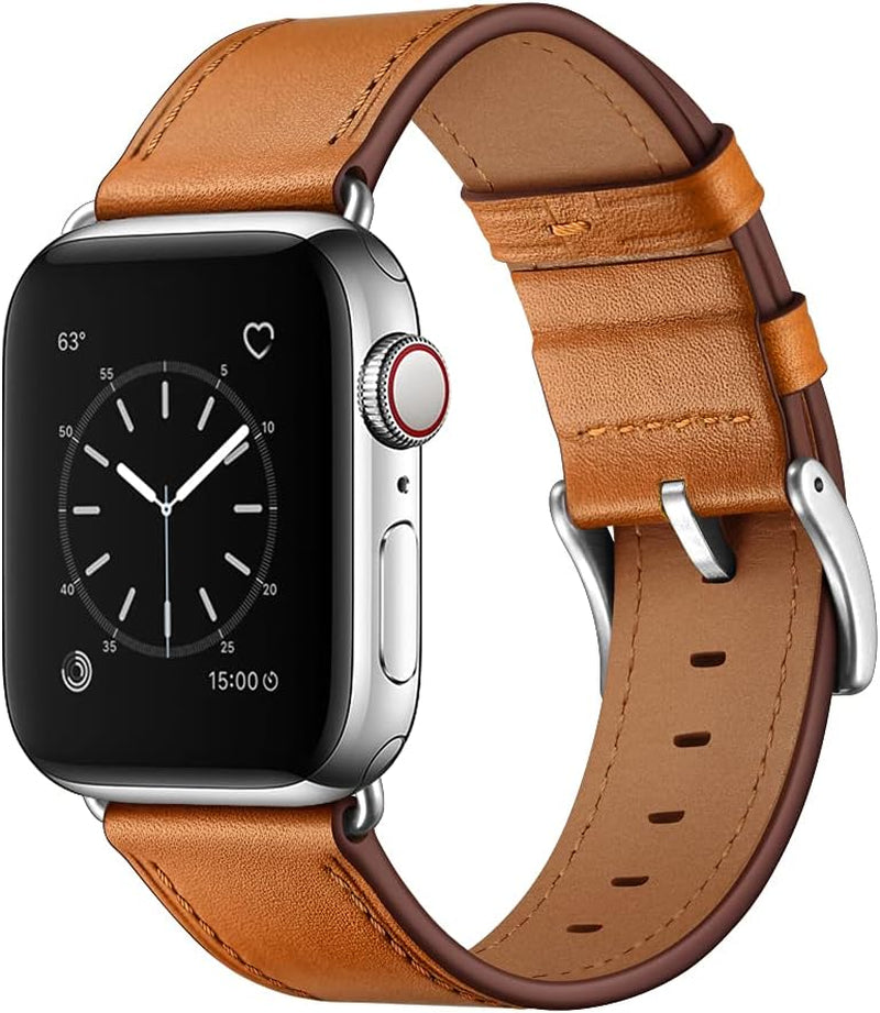 Compatible with Apple Watch Band 49Mm 46Mm 45Mm 44Mm 42Mm(Series 3 2 1), Genuine Leather Band Replacement Strap Compatible with Apple Watch (Black/Black+Brown/Silver)