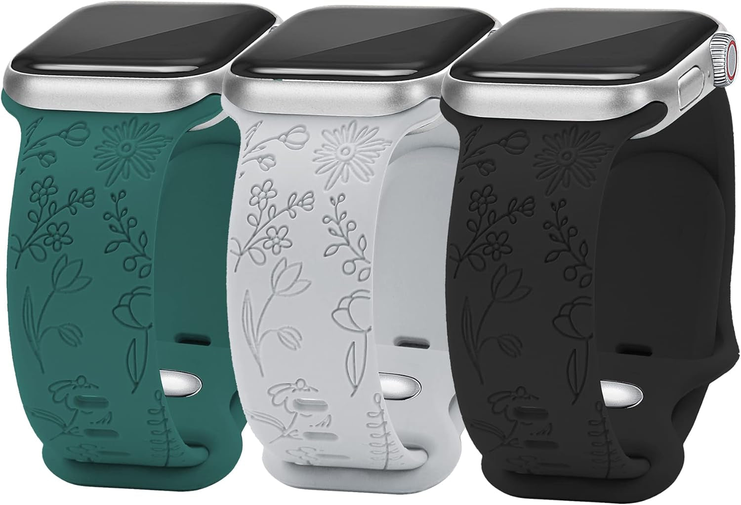 Flower Engraved Bands Compatible with Watch Band 38Mm 40Mm 41Mm 42Mm 44Mm 45Mm Women Men,Sport Strap Replacement Wristbands for Watch Series 7/6/5/4/3/2/1/SE,3 Pack