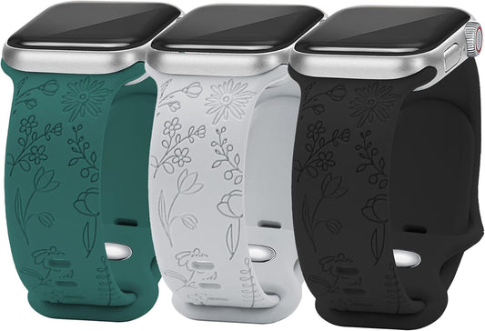 Flower Engraved Bands Compatible with Watch Band 38Mm 40Mm 41Mm 42Mm 44Mm 45Mm Women Men,Sport Strap Replacement Wristbands for Watch Series 7/6/5/4/3/2/1/SE,3 Pack