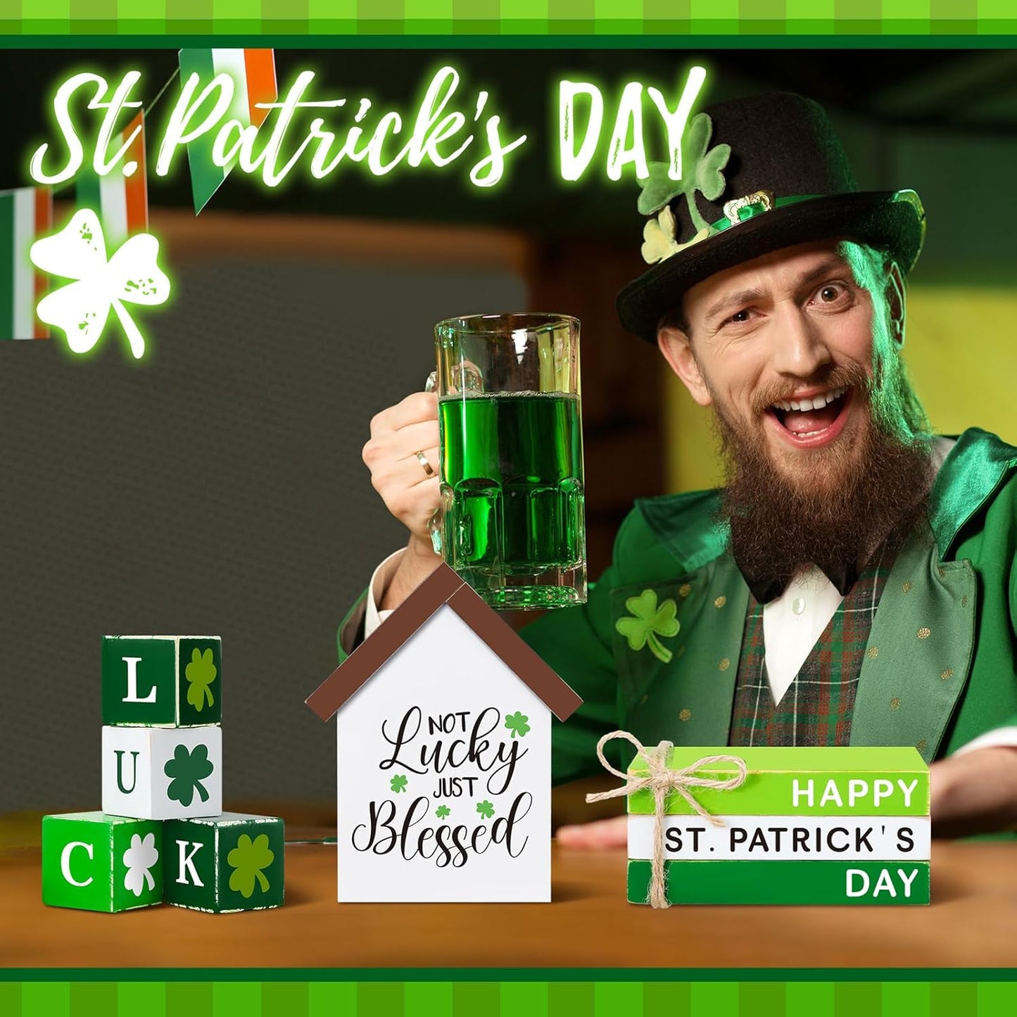 15 Pcs Valentines Day Wooden Table Decor St. Patrick'S Day Shamrock Decorations Valentine Irish Wooden Signs Hugs Kisses Be Mine Happy St. Patrick'S Day Stacks for Home Table Tiered Tray