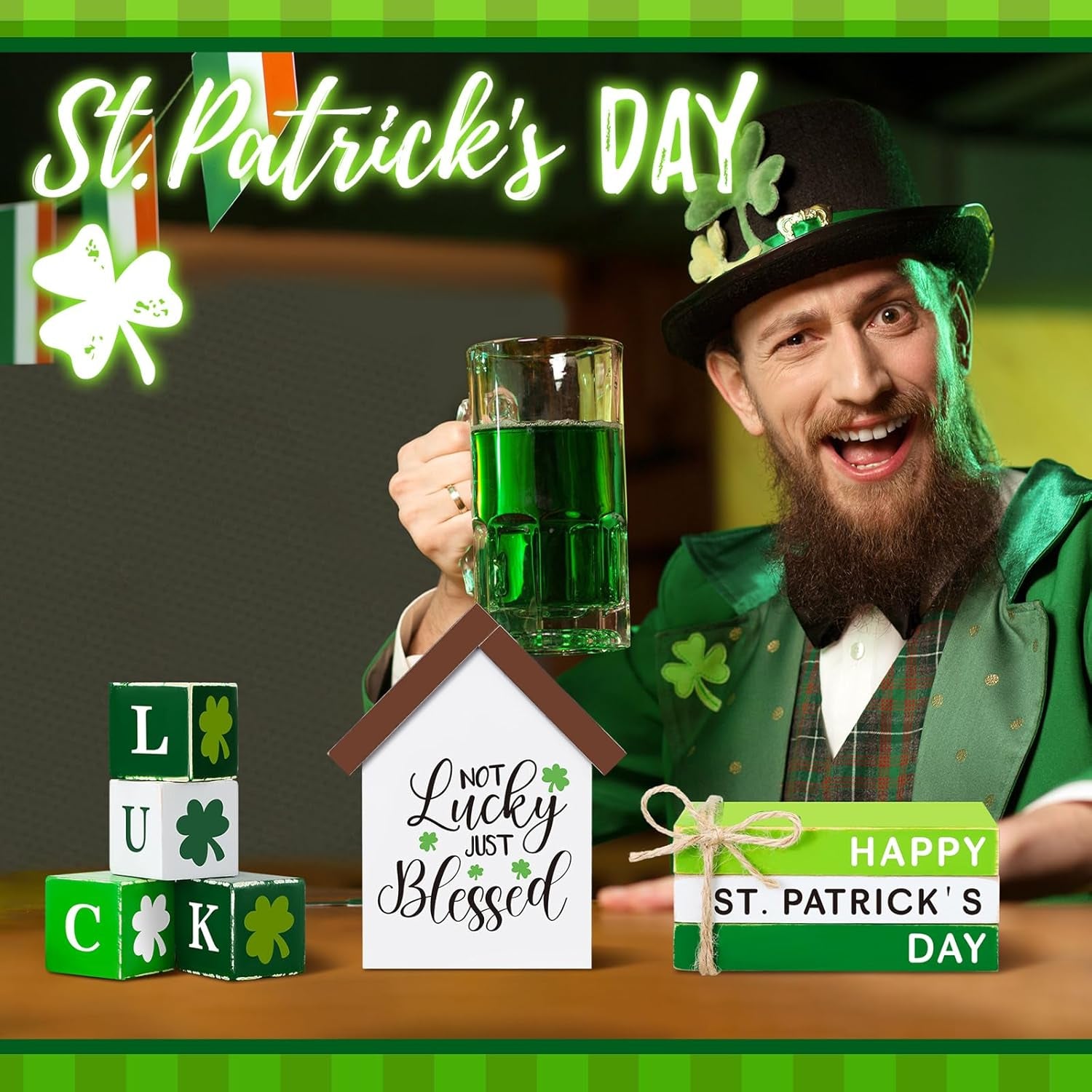 15 Pcs Valentines Day Wooden Table Decor St. Patrick'S Day Shamrock Decorations Valentine Irish Wooden Signs Hugs Kisses Be Mine Happy St. Patrick'S Day Stacks for Home Table Tiered Tray