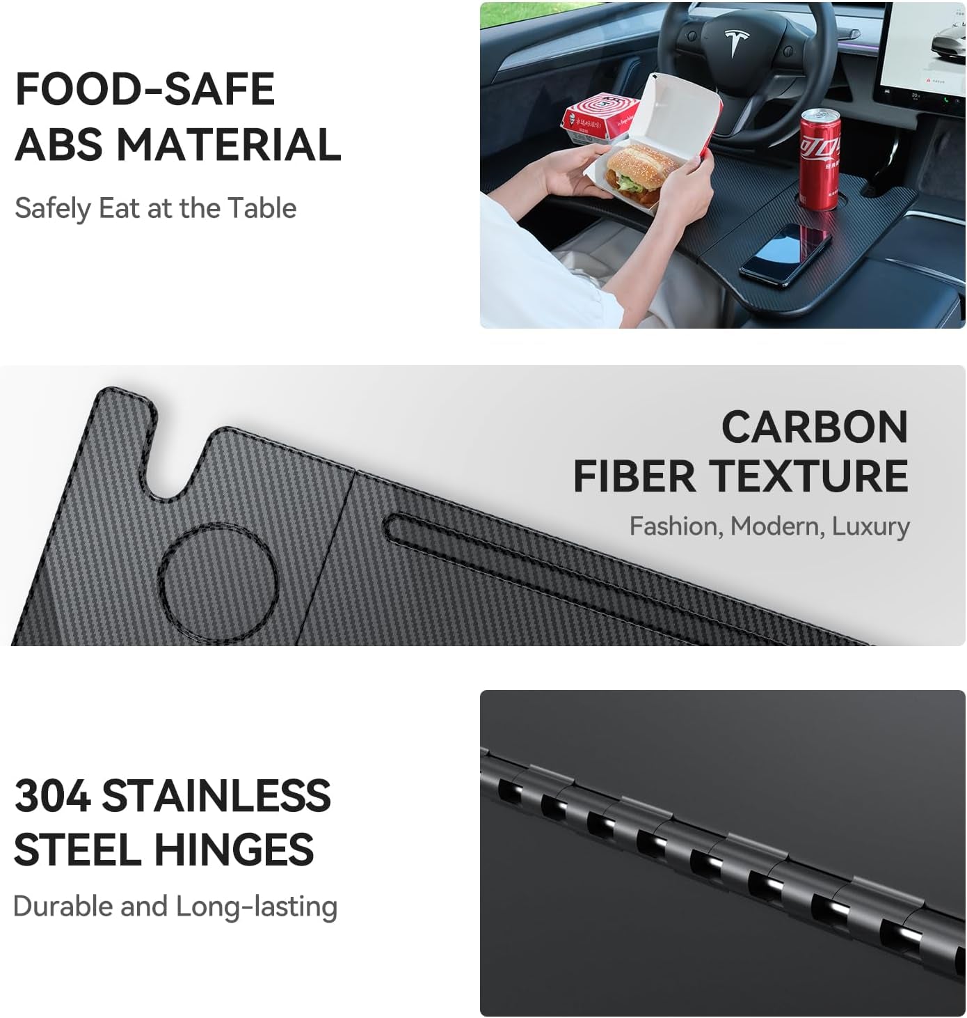 Car Laptop Desk for Tesla Model Y Model 3: Carbon Fiber Texture Tray, Foldable Food Table for Dining, In-Car Work, and Outdoor Travel, 2024 Multi-Functional Tesla Accessories (1 Pack)