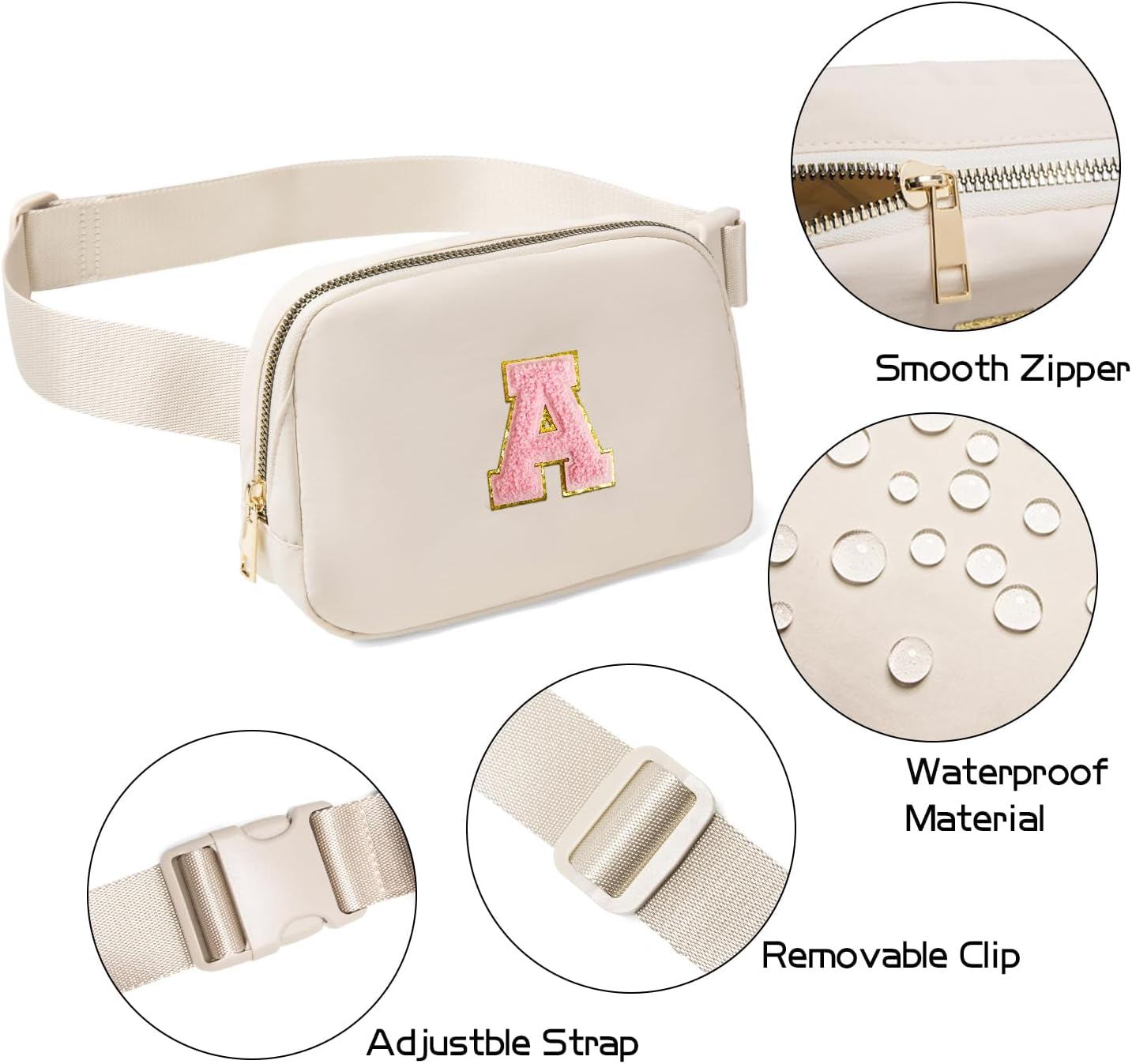 Belt Bag Fanny Pack Crossbody Bags with Initial Letter Patch Cute Stuff Birthday Gifts for Teenager Girls Cool Stuff for Teens Trendy Preppy Stuff for Teen Girls (Beige-A)
