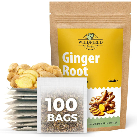 100 Bags Ginger Tea Bags Ginger Root Tea Dry Dried Herb (Zingiber Officinale) - 100 Count 1.5G Tea Bags Ginger Raíz De Jengibre TLBH