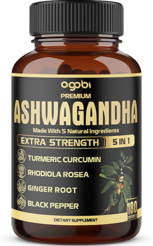 5In1 Premium Ashwagandha Capsules - Added Turmeric, Rhodiola Rosea, Ginger, Black Pepper - Strength, Spirit & Immune Support - 180 Caps for 6 Months TLBH