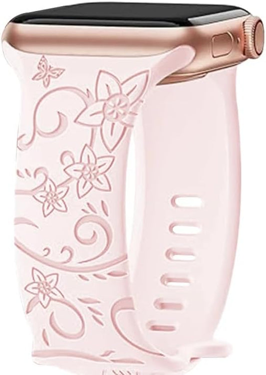 AXTECHS Engraved Wildflower Watch Bands Are Compatible with Apple Watch Bands Sizes 38Mm 40Mm 41Mm 42Mm 44Mm 45Mm 49Mm Iwatch Series 9 8 7 6 5 4 3 2 1 SE Ultra Ultra 2, and Are Made from Premium Soft Silicone for Men and Women.
