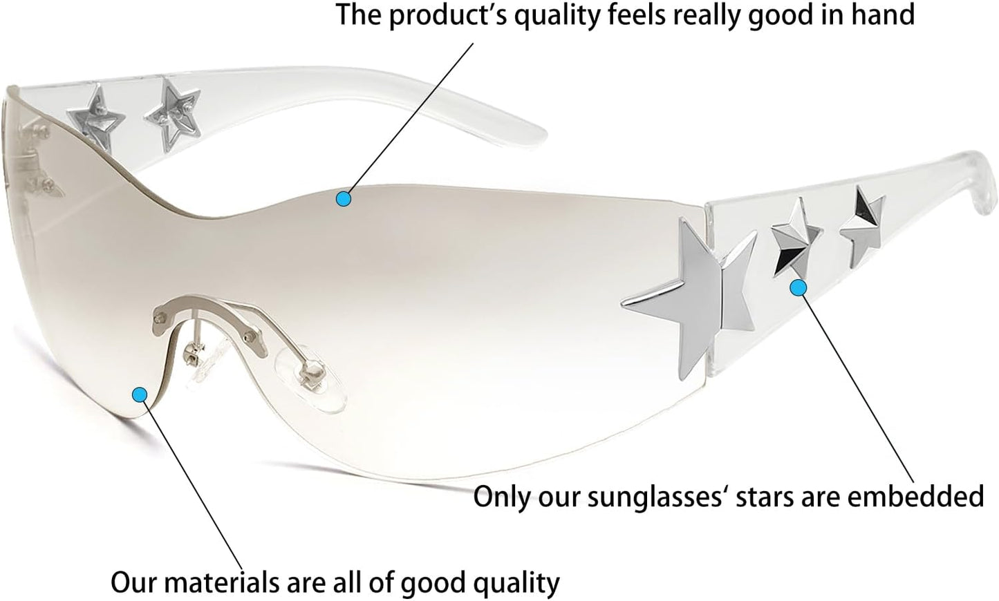 Rimless Y2K Sunglasses Star Wrap around Glasses 2000S Accessories for Women Men Trendy Fashion Cool Shield Shades