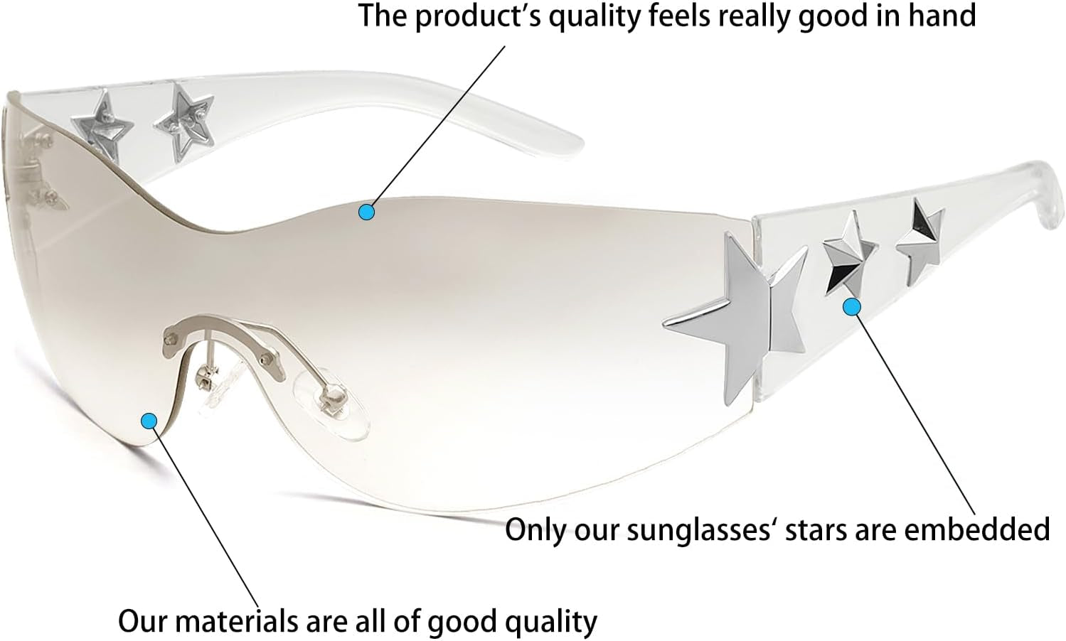 Rimless Y2K Sunglasses Star Wrap around Glasses 2000S Accessories for Women Men Trendy Fashion Cool Shield Shades
