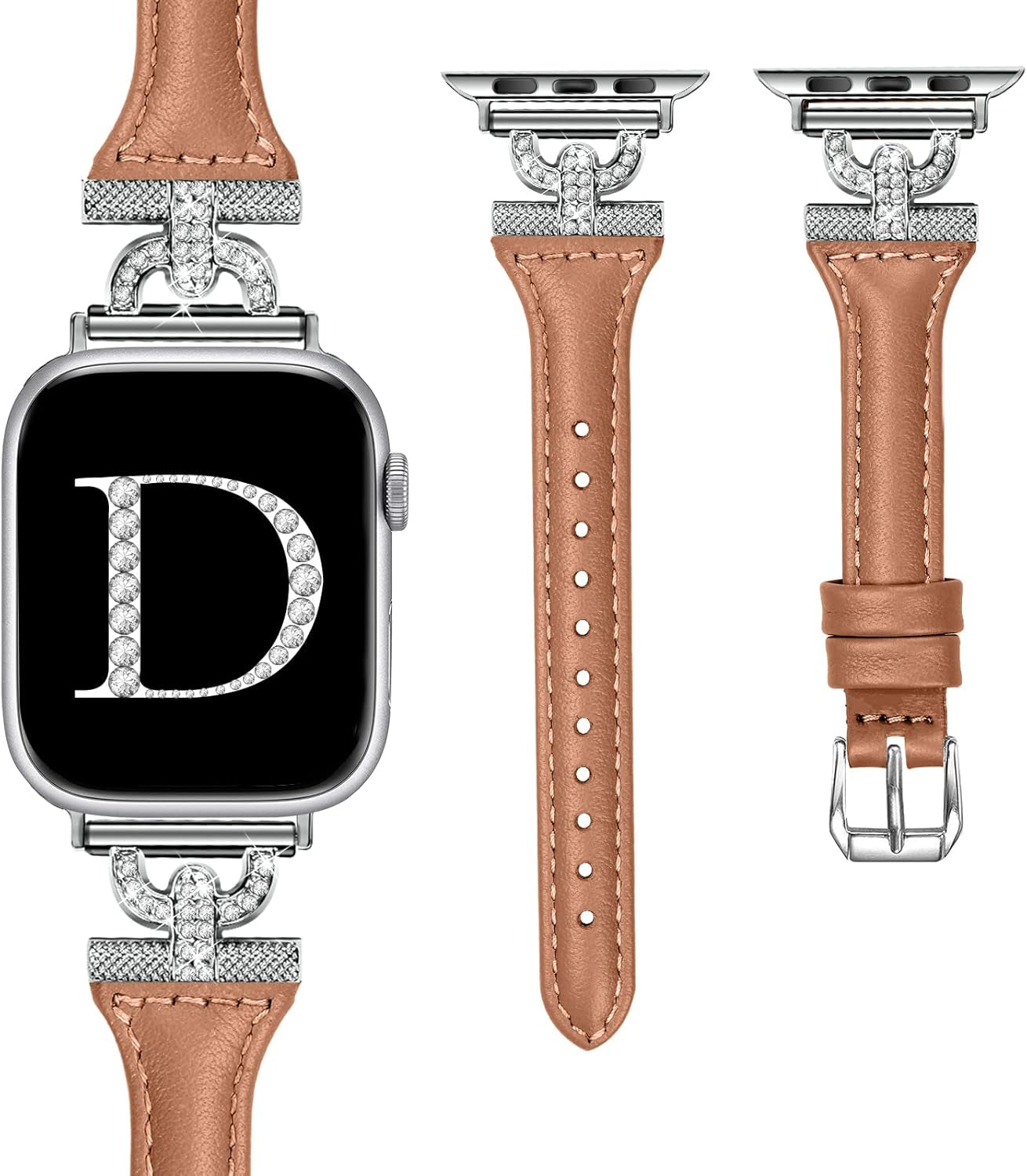 Slim Leather Bands Compatible with Apple Watch Band for Women 40Mm 41Mm 38Mm 44Mm 45Mm 49Mm 42Mm 46Mm, D-Shape Diamonds for Iwatch Women Bands Series 10 9 8 SE 7 6 5 Ultra 4 3 2 1