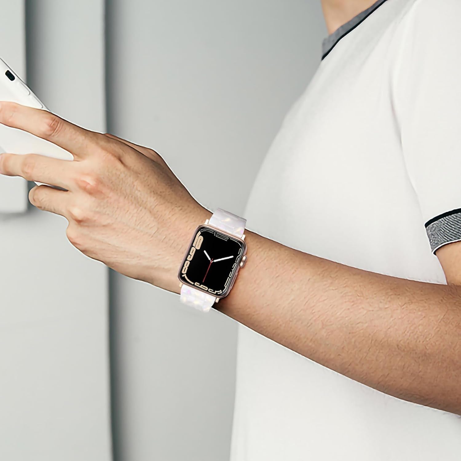 Resin Strap Compatible with Apple Watch Band 40Mm 38Mm 41Mm Series 9/8/7/6/5/4/3/2/1/SE Women Men, Lightweight and Durable Iwatch Stylish Bracelet Replacement Bands with Rose Gold Stainless Steel