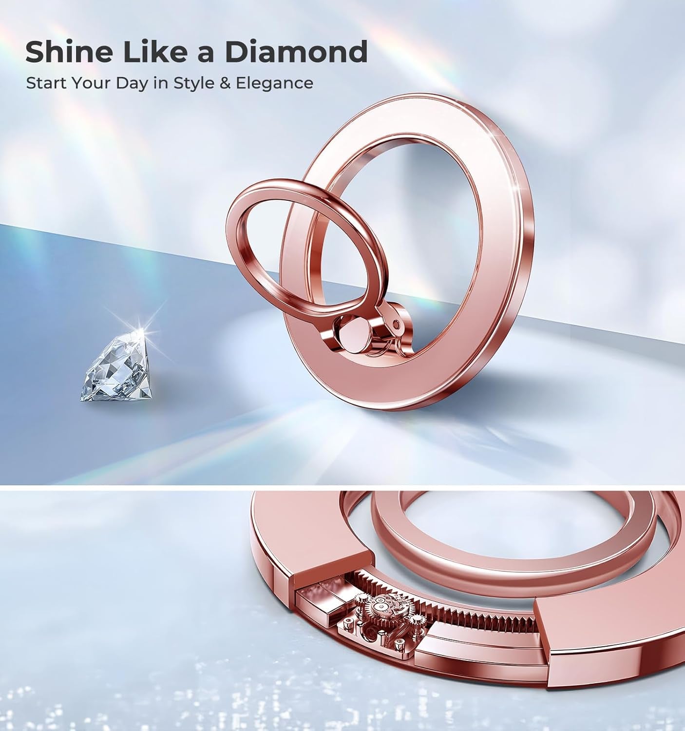 Glitter Magnetic Phone Ring Holder for Magsafe, Magnet Finger Ring Grip Stand Holder, Compatible with Pops0Ckets Magsafe Accessories for Women Iphone 16E,15,14, 13, 12 11 Pro/Max/Plus, Rose Gold