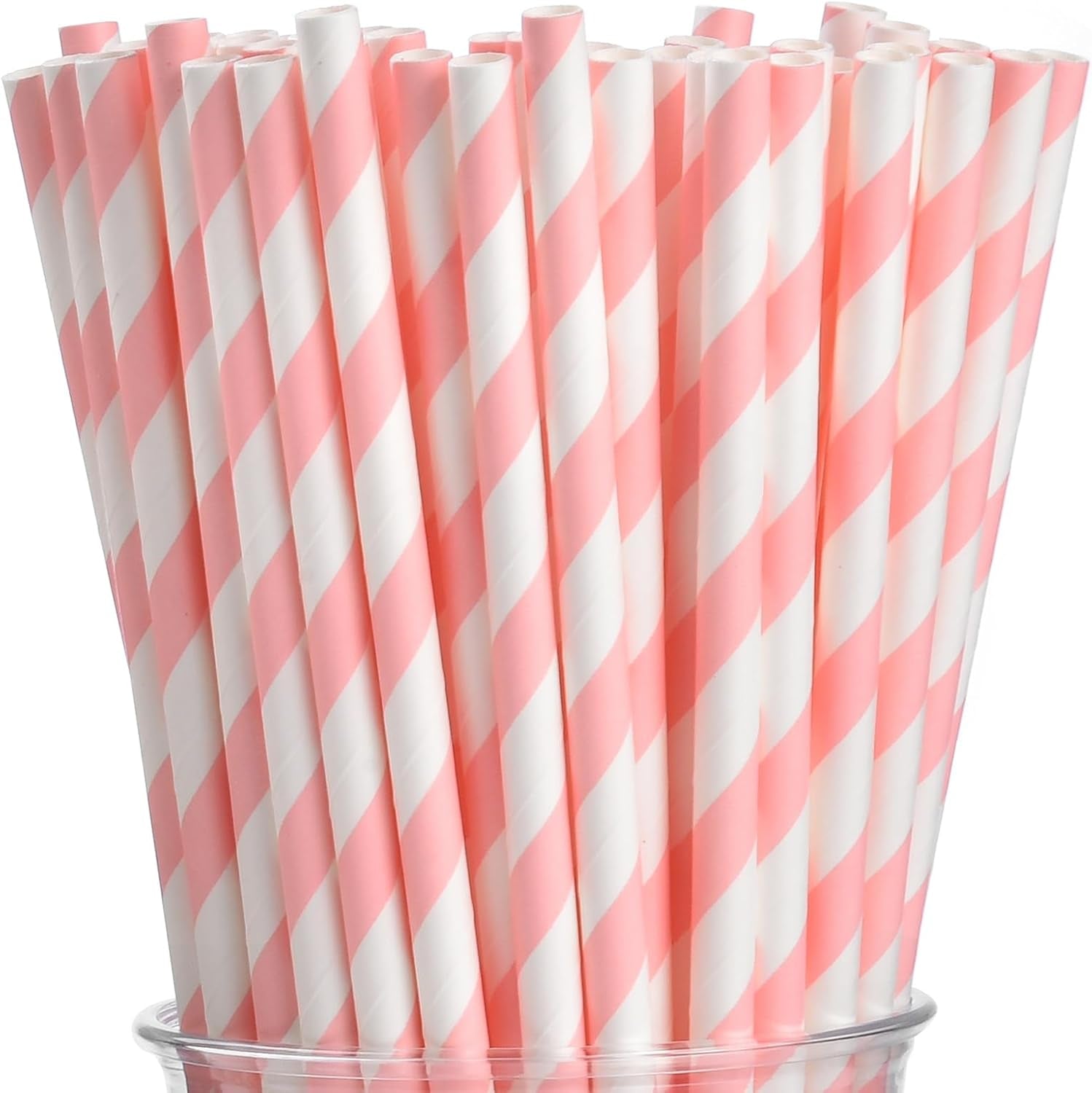 100 Pink and White Striped Paper Straws, Biodegradable Disposable Drinking Straws for Christmas, Brithday, New Year, Party Decoration Supplies