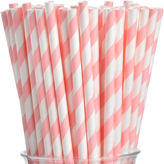 100 Pink and White Striped Paper Straws, Biodegradable Disposable Drinking Straws for Christmas, Brithday, New Year, Party Decoration Supplies