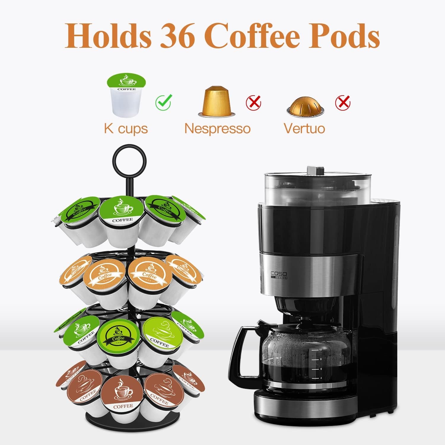 Coffee Pod Holder, Storage Compatible with K-Cups(36 Pods), Kitchen Detachable Organizer for Countertop, Spins 360-Degrees Carousel