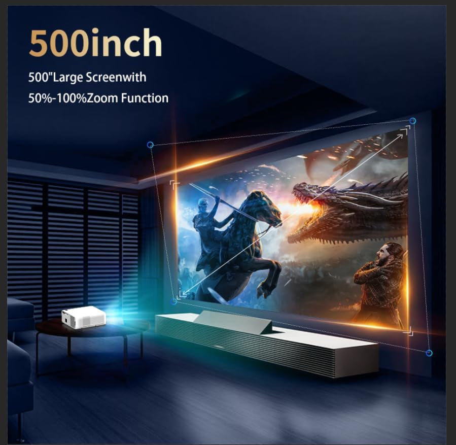 Smart 4K Outdoor Projector with WIFI and Bluetooth,1600Ansi,Auto Focus & Keystone,Doiby Audio,Ppt,Home Theater Movie Projector 4K Hdr10,50%Zoom,500''Display,Arc Compatible W/ TV Stick,Ios,Android,Pc