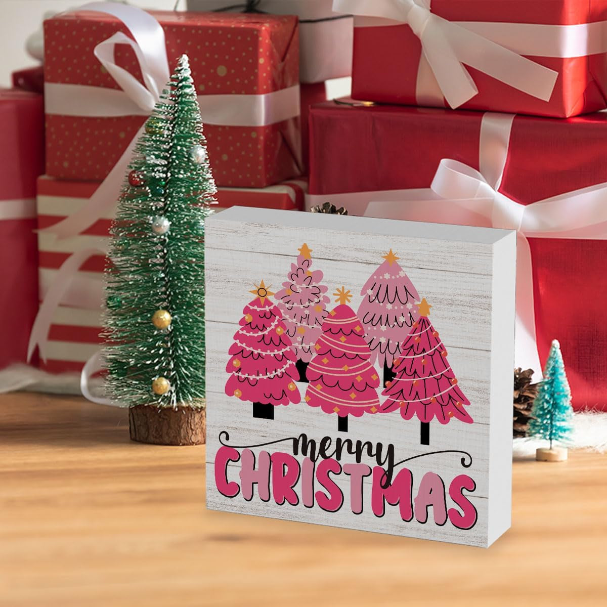 Pink Christmas Sign Pink Christmas Decorations Pink Christmas Tree Sign Merry Christmas Sign for Table Christmas Signs for Home Office Shelf Cubicle Decoration 5 X 5 Inches