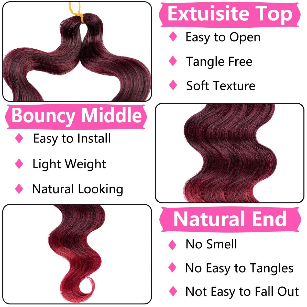 3 Packs Body Wave Braiding Hair 24 Inch Pre-Feathered Ombre French Curl Wavy Braiding Hair Premium Bouncy Wavy Texture Braiding Synthetic Hair Braids for Boho Box Braids Crochet Hair(Tbug#)