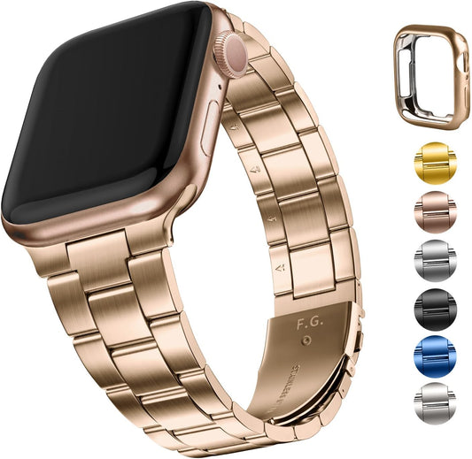 No Tools Needed Compatible Apple Watch Bands 41Mm 40Mm 38Mm,Slim Stainless Steel Chain Strap with Case for Iwatch Series 9/8/7/6/5/4/3/2/1/Se2/Se,Rose Gold