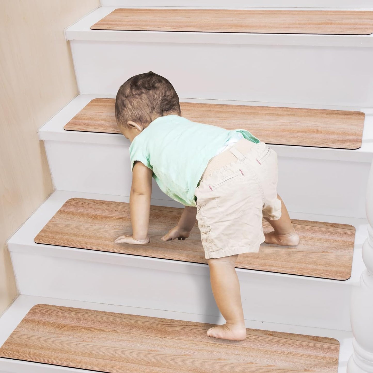 Non Slip Rubber Stair Treads, Indoor Stair Treads Stair Runners for Wooden Steps, Basement Stair Mats for Pet, Kids and Elderly, Brown Wood, 30"X8", Set of 15