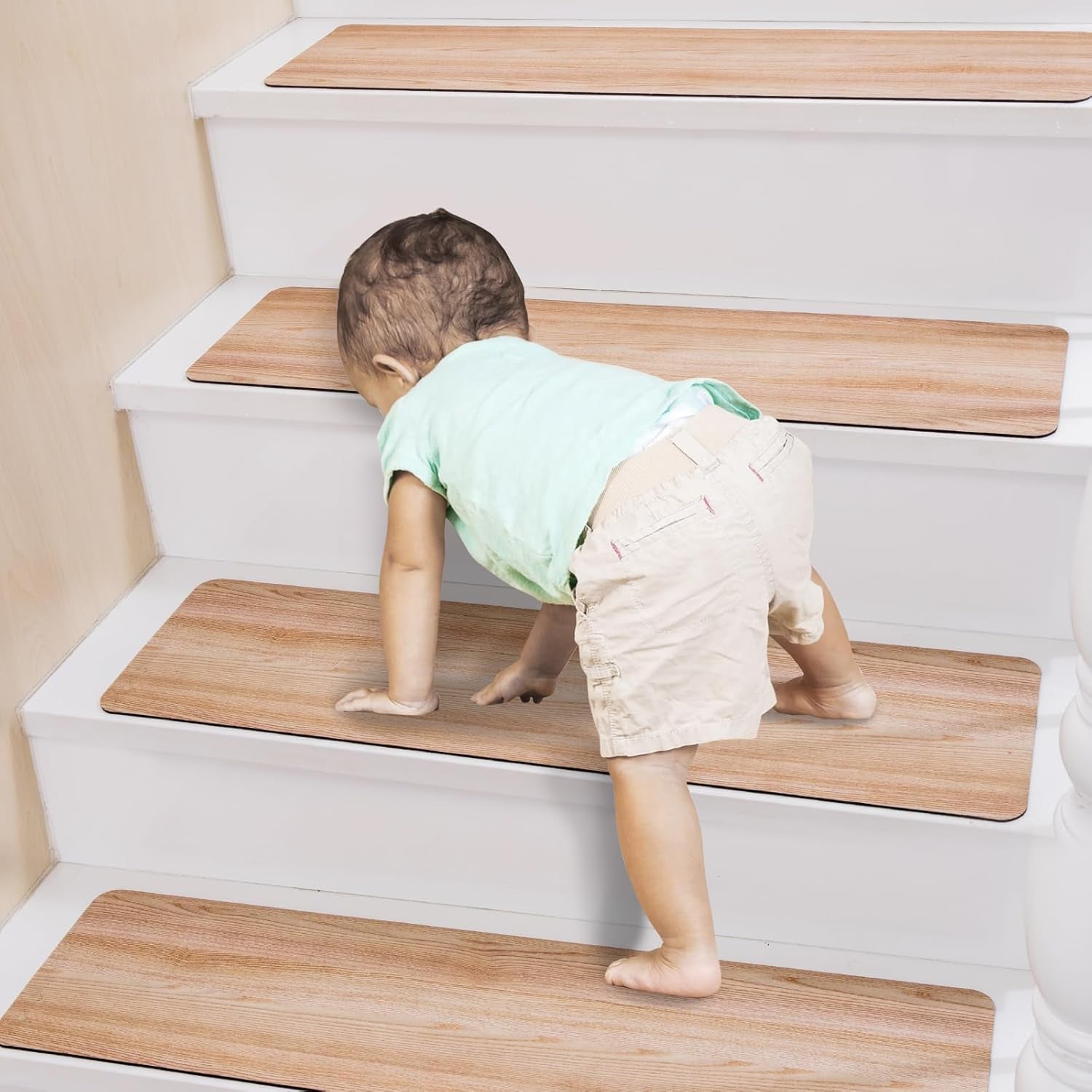 Non Slip Rubber Stair Treads, Indoor Stair Treads Stair Runners for Wooden Steps, Basement Stair Mats for Pet, Kids and Elderly, Brown Wood, 30"X8", Set of 15