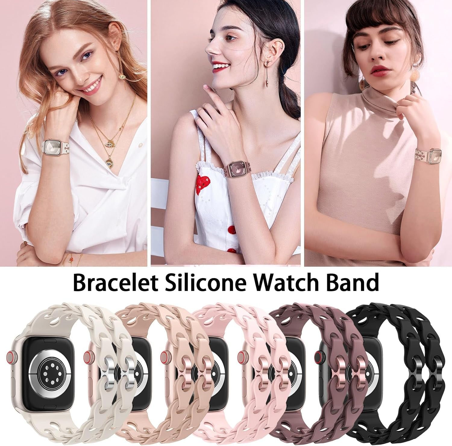 Bracelet Style Silicone Band Compatible with Apple Watch Band 40Mm 44Mm 41Mm 38Mm 45Mm 42Mm 49Mm for Women,Cute Breathable Strap Waterproof Sport Wristbands for Iwatch Series 9 SE 8 7 6 5 4 3 2 1