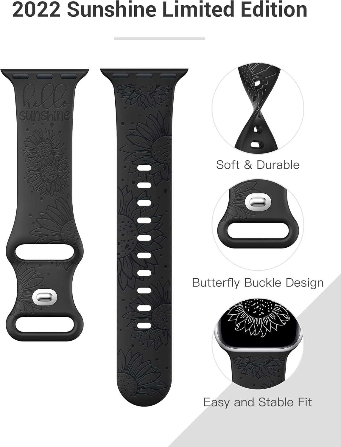 Sunflower Engraved Band Compatible with Apple Watch Bands 42Mm 41Mm 40Mm 38Mm Women, Floral Fancy Fashion Dressy Sport Silicone Flower Straps for Iwatch Series 10/9/SE/8/7/6/5/4/3/2/1