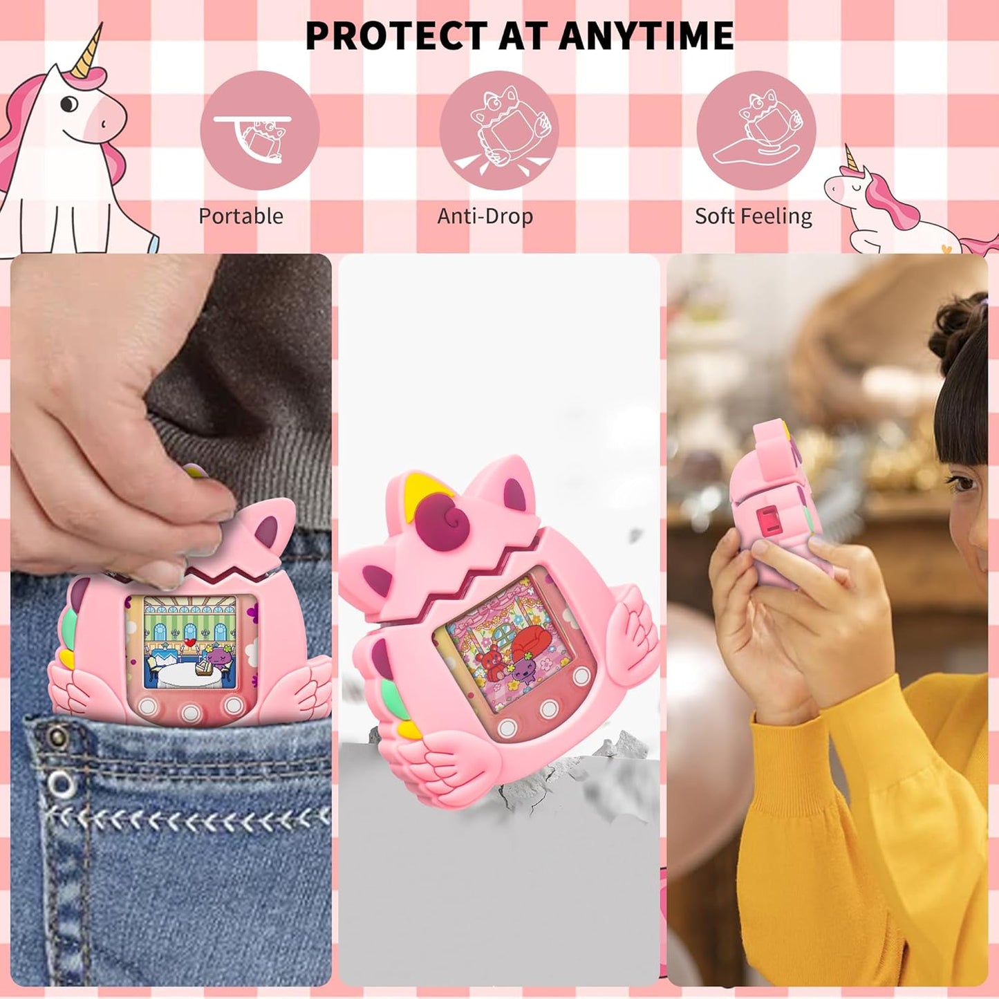 Silicone Case Compatible with Tamagotchi Pix Virtual Pet Game Machine, Cute Unicorn Pattern Protective Sleeve for Pix with Finger Lanyard ZOUSA