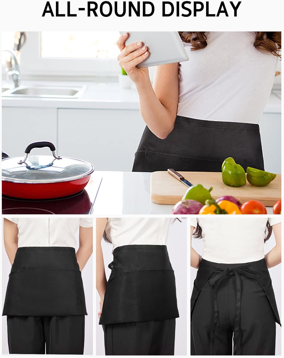 3 Pack Server Aprons with 3 Pockets, Waterdrop Resistant Waitress Waiter Waist Apron, 11.5-Inch Black