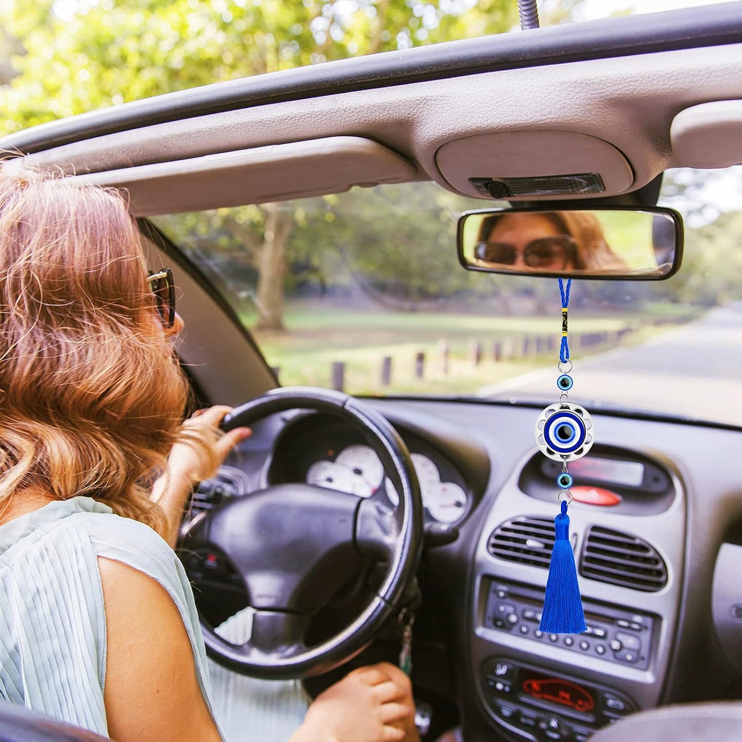 Lucky Evil Eye Car Hanging Ornament Blue Resin Evil Eye Beads Charm Pendant Blue Eyes Tassel Rear View Mirror Hanging Accessories Evil Eye Protection Pedant Charms for Car Home Decors (6 Pieces)
