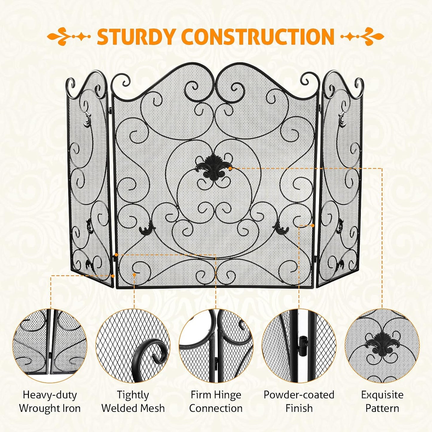 Fireplace Screen 3 Panel Fireplace Screens for Fireplace 50 X 31 Inch Wrought Iron Black Metal Spark Guard Cover Fireguards Mesh Cover Baby Safe Proof Fence Fire Place Standing Gate (Style 1)