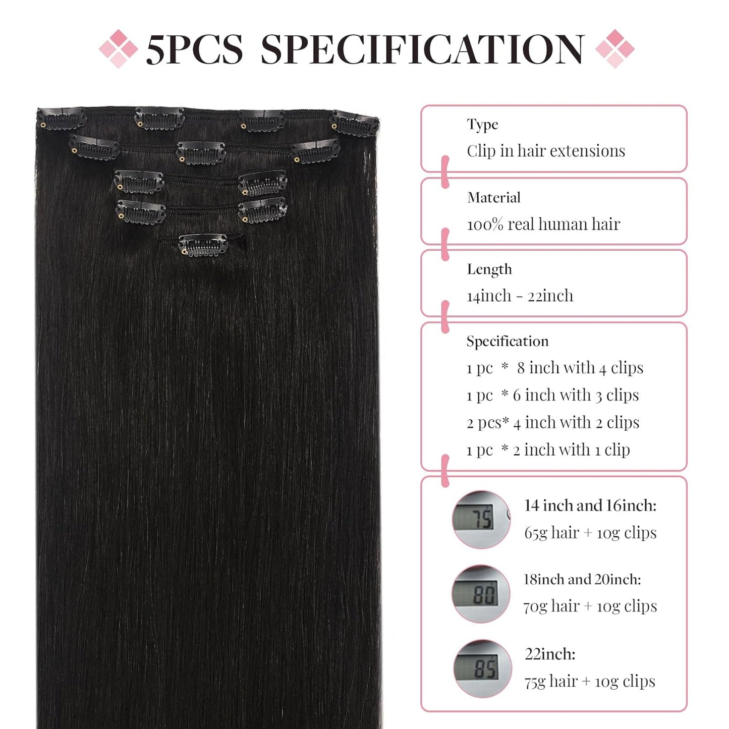 Clip in Hair Extensions Real Human Hair, 16 Inch 5Pcs 80G Natural Black Hair Extensions, Real Hair Extensions Clip in Human Hair Natural Straight Hair Extensions for Woman