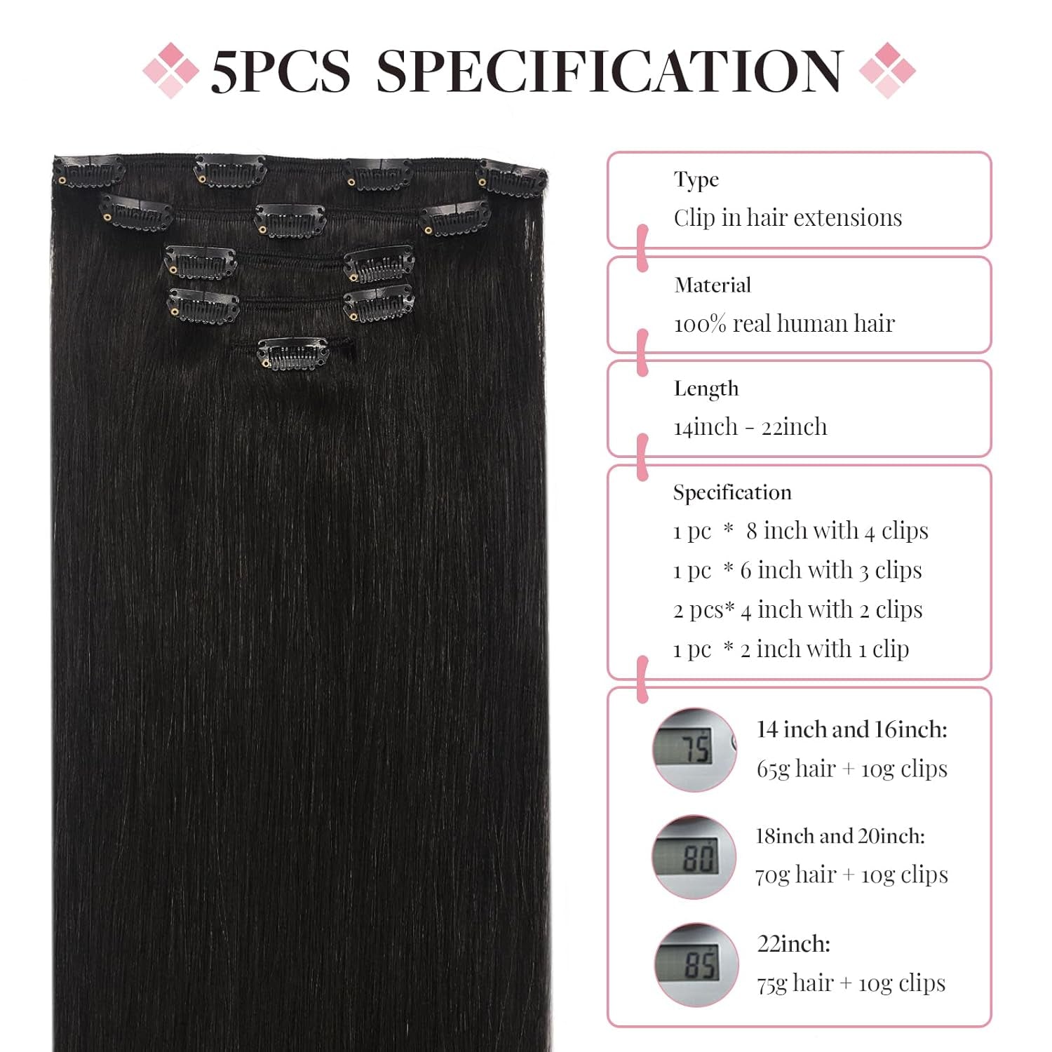 Clip in Hair Extensions Real Human Hair, 16 Inch 5Pcs 80G Natural Black Hair Extensions, Real Hair Extensions Clip in Human Hair Natural Straight Hair Extensions for Woman